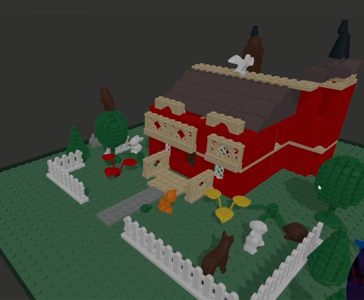 LLM-generated LEGO-style scene with a red house and landscape